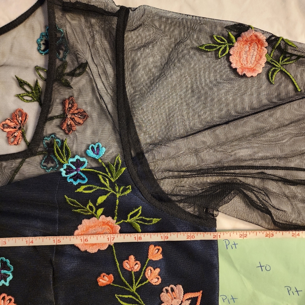 Wayward Fancies Floral Embroidery Black Sheer Tiered Tulle & Blue Dupioni Dress - Picture 10 of 16